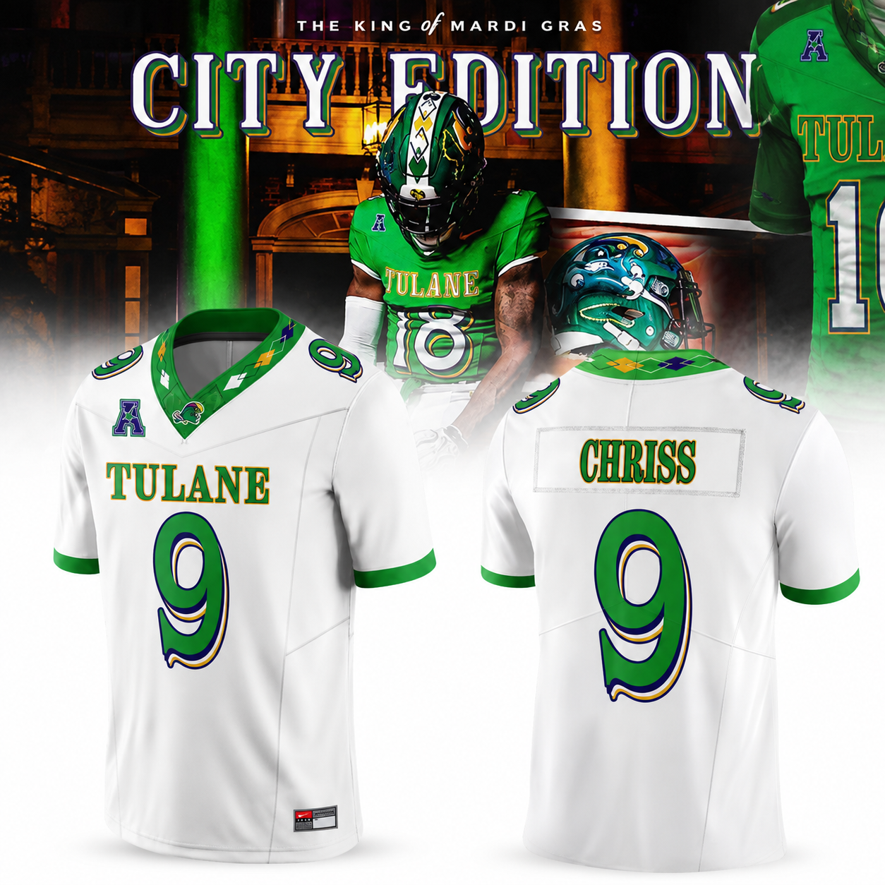 Tulane Green Wave King of Mardi Gras 2026 City Edition White #9 Chriss Football Vapor Jersey 1 - Unicasport Tulane Green Wave King of Mardi Gras 2026 City Edition White #9 Chriss Football Vapor Jersey