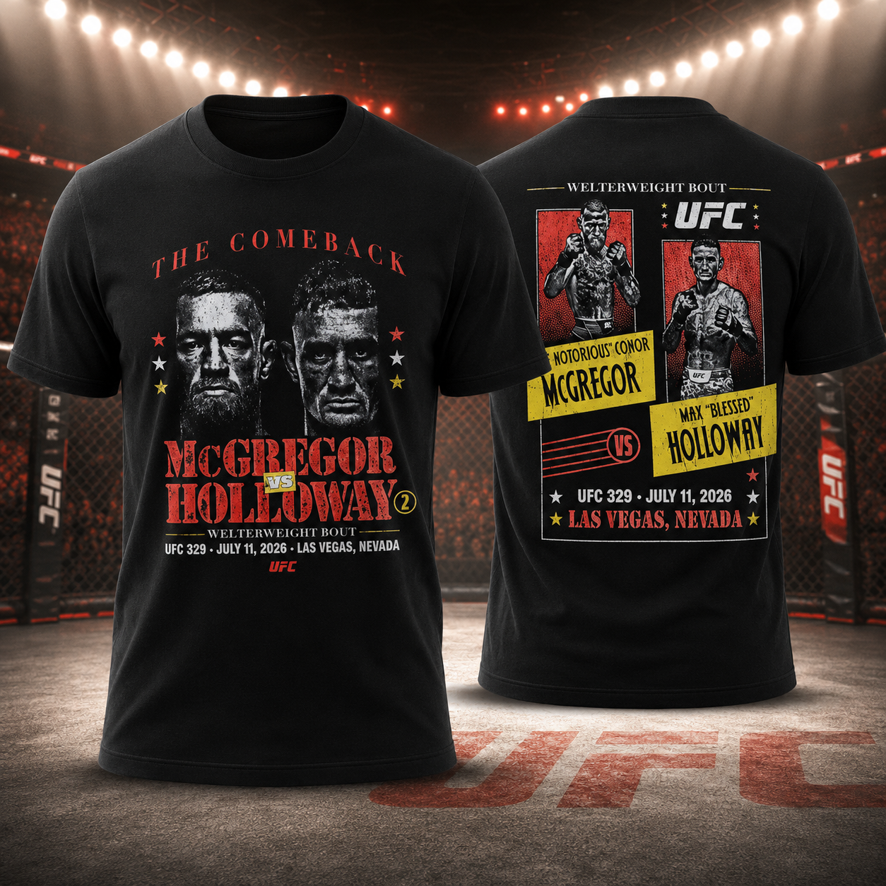 UFC 329 McGregor vs Holloway 2 Double Sided Fight Poster T Shirt Las Vegas Event Fan Gift