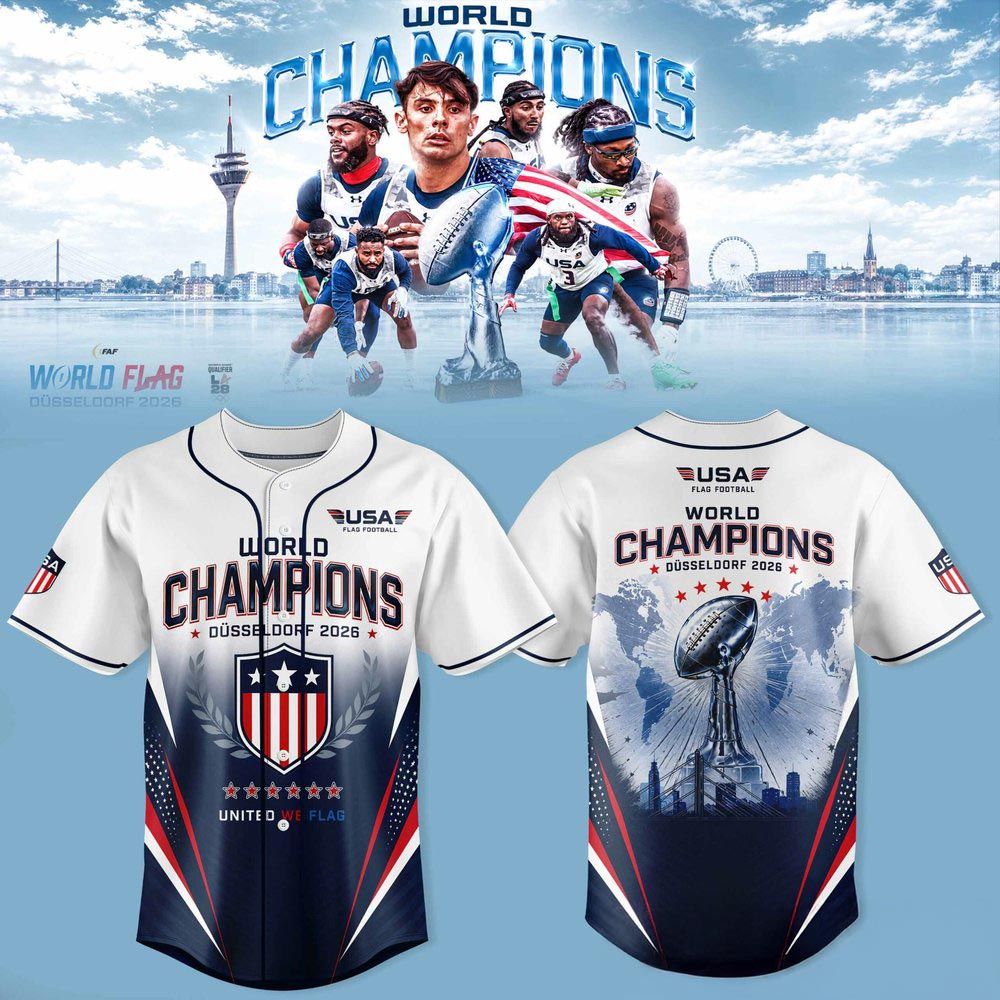 USA Flag Football Duesseldorf 2026 World Champions Baseball Jersey Team USA Fanwear 2 - Unicasport USA Flag Football Duesseldorf 2026 World Champions Baseball Jersey Team USA Fanwear