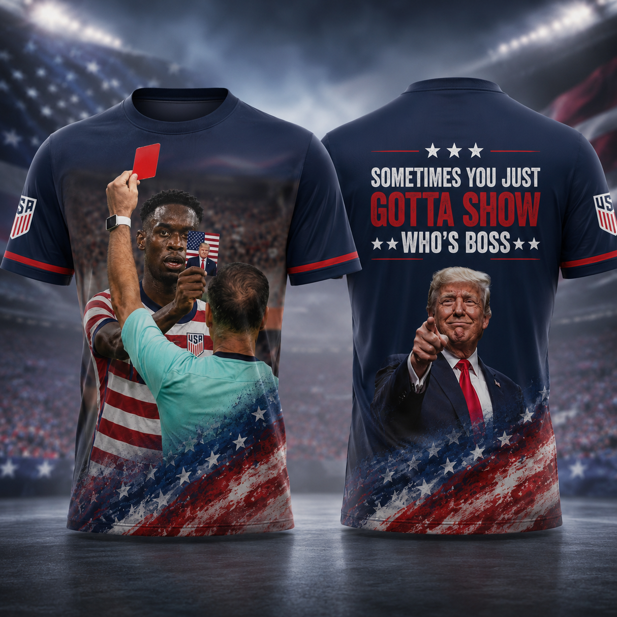 USA Soccer Red Card Trump Graphic 3D T-Shirt Patriotic America Football Fan Tee