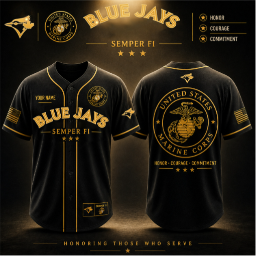 United States Marine Corps Blue Jays Baseball Jersey Shirt Semper Fi Honor Courage Commitment Military Tribute Fan Gift