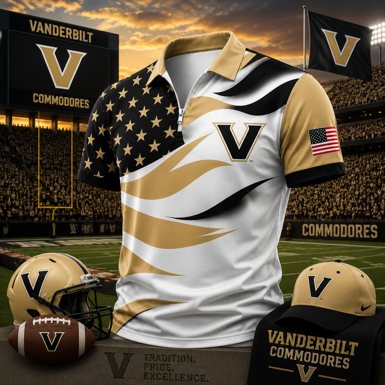Vanderbilt Commodores American Flag Style Football Polo Shirt College Spirit Outfit