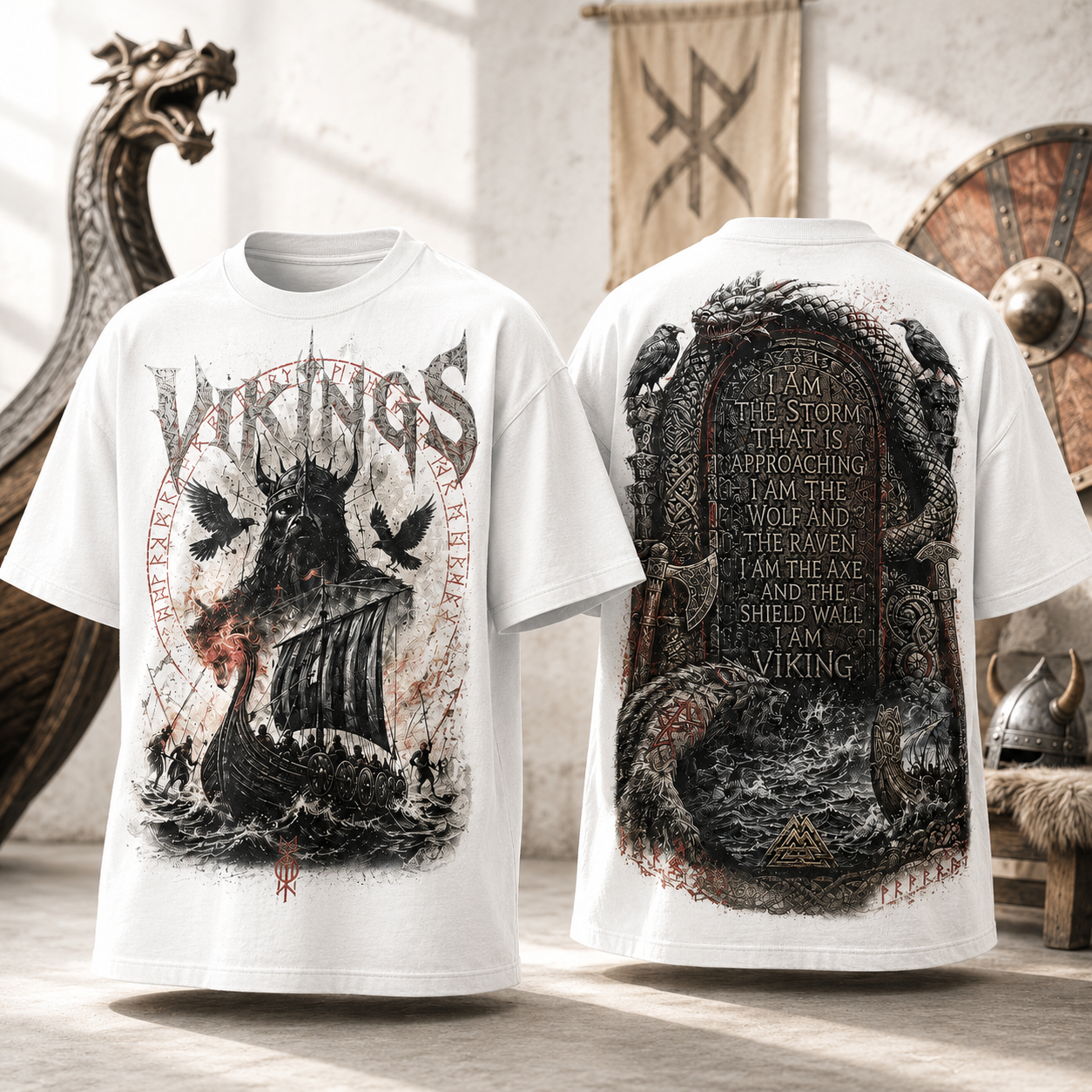 Vikings Norse Warrior Longship White T Shirt I Am The Storm Viking Raven Shield Wall Graphic Fan Gift