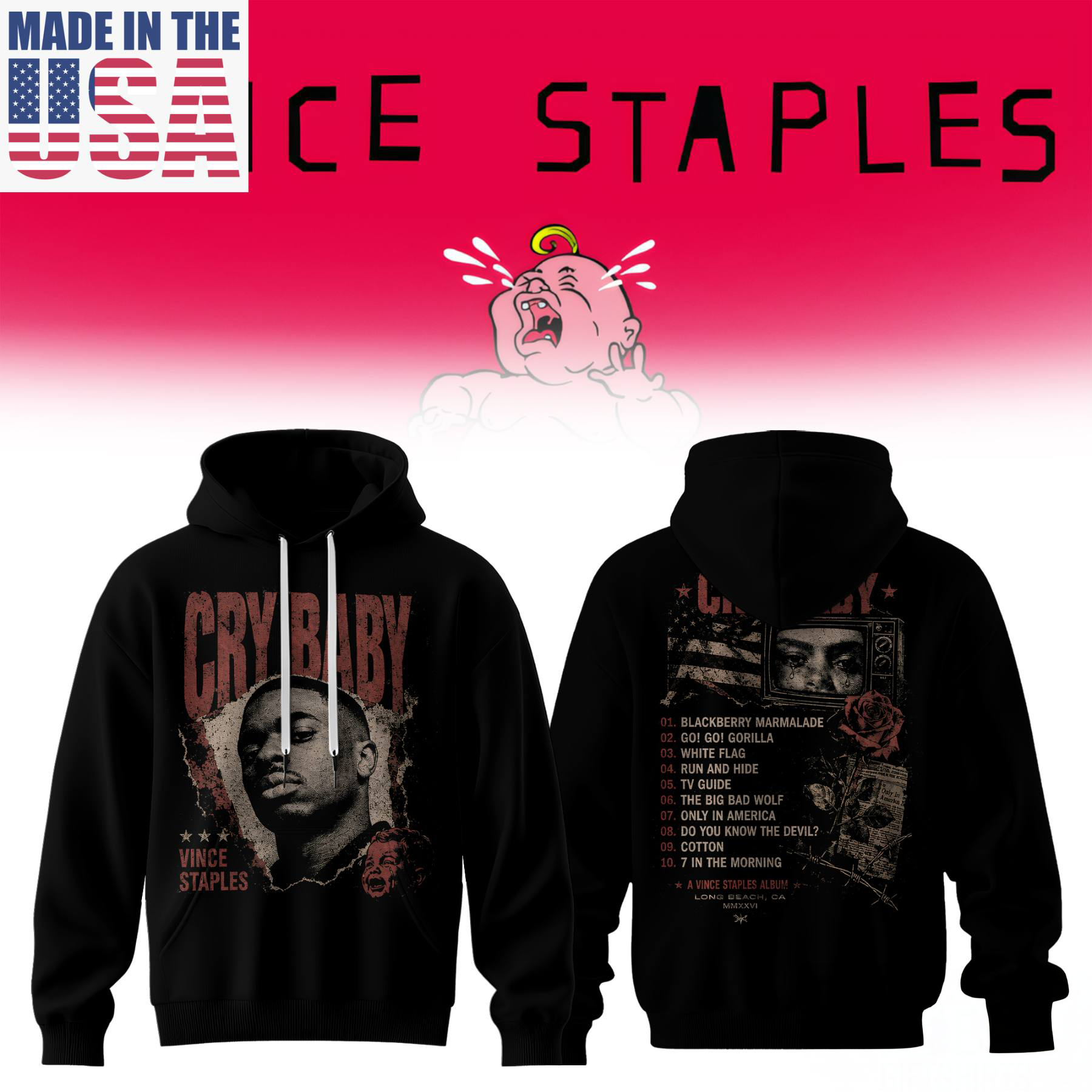 Vince Staples Cry Baby Tour Concert Hoodie Limited Fan Merchandise