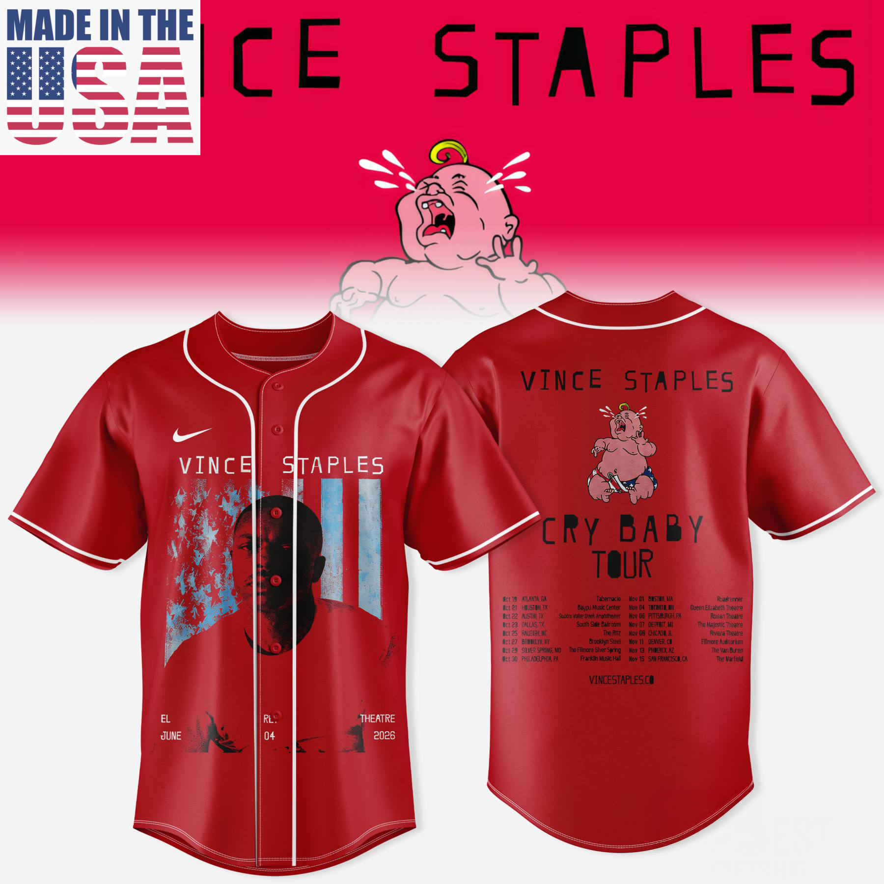 Vince Staples Cry Baby Tour Jersey Music Fan Apparel Collection