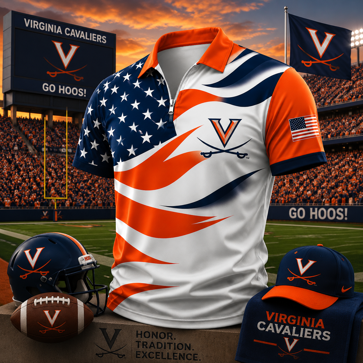 Virginia Cavaliers American Flag Style Football Polo Shirt College Game Day Fan Apparel