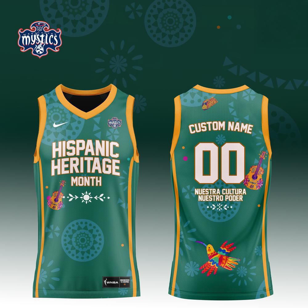 Washington Mystics Hispanic Heritage Month Basketball Jersey Custom Name & Number Green Sleeveless Jersey 1 - Unicasport Washington Mystics Hispanic Heritage Month Basketball Jersey Custom Name & Number Green Sleeveless Jersey