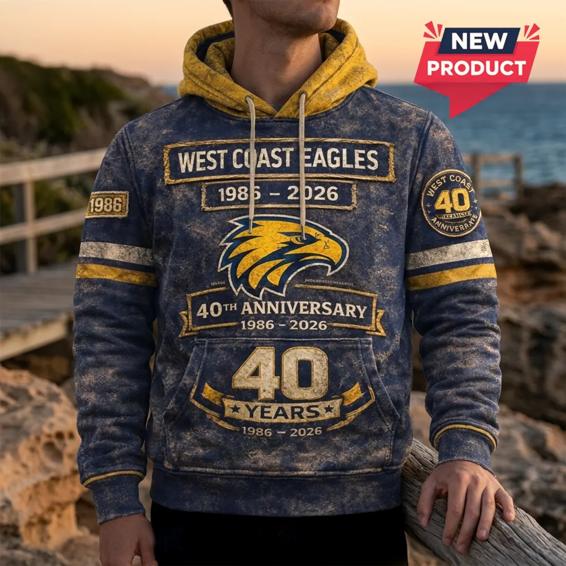 West Coast Eagles 1986 2026 Anniversary Distressed Look Hoodie Gift