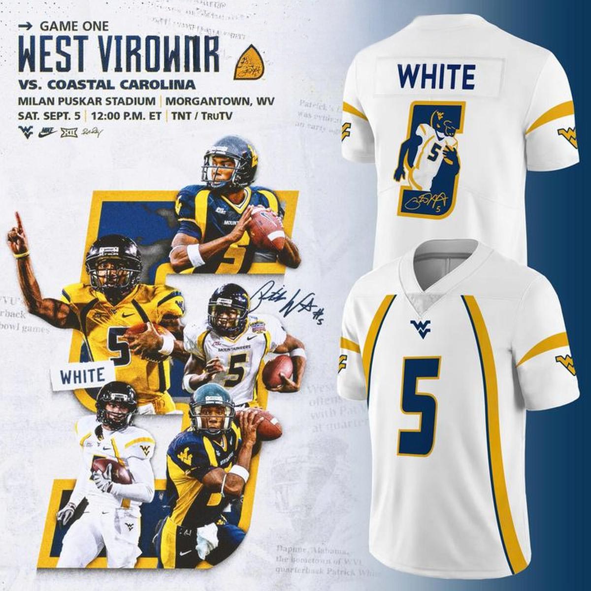 West Virginia Mountaineers Pat White 5 Football Jersey College Game Day Fanwear 1 - Unicasport West Virginia Mountaineers Pat White 5 Football Jersey College Game Day Fanwear