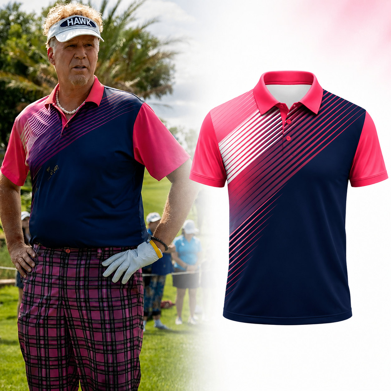 Will Ferrell The Hawk Series Graphic Golf Polo Shirt Pink Navy Striped Performance Golf Polo Shirt Athletic Casual Apparel