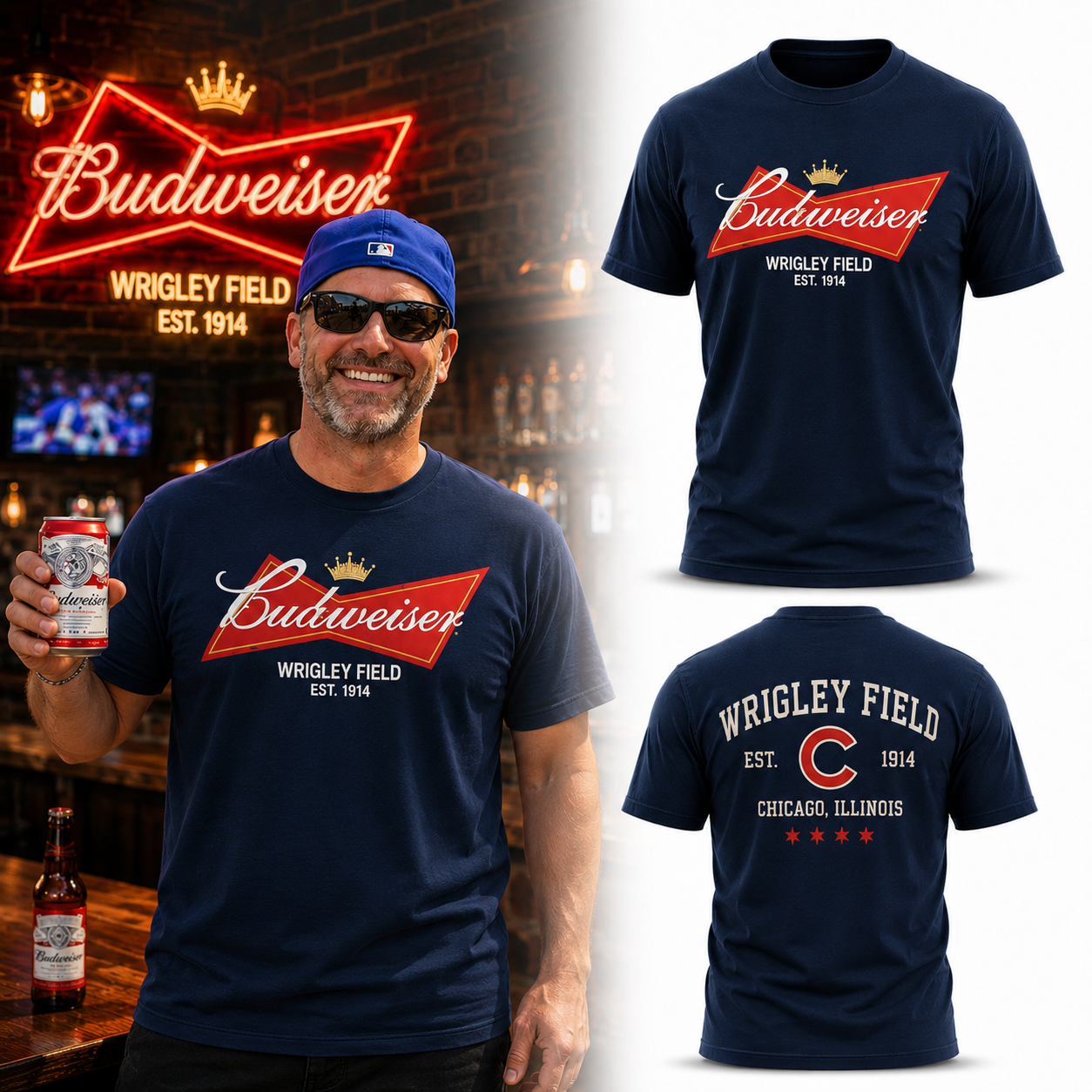 Wrigley Field Budweiser Chicago Cubs Beer Bar Fan T Shirt Front And Back Graphic Vintage Baseball Gift