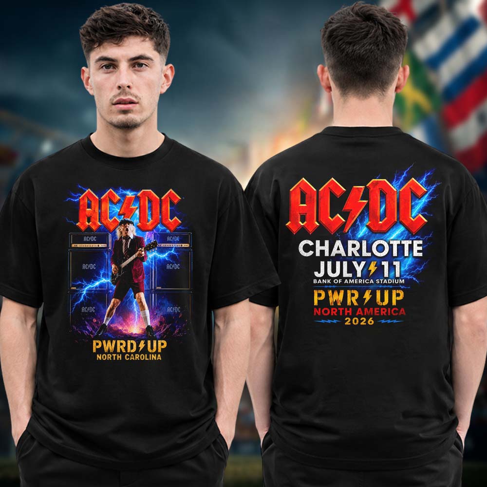 ACDC Charlotte NC Exclusive Concert T Shirt PWR Up North America Tour 2026 At Bank Of America Stadium In Charlotte NC On July 11 2026 Two Sided Unisex T Shirt