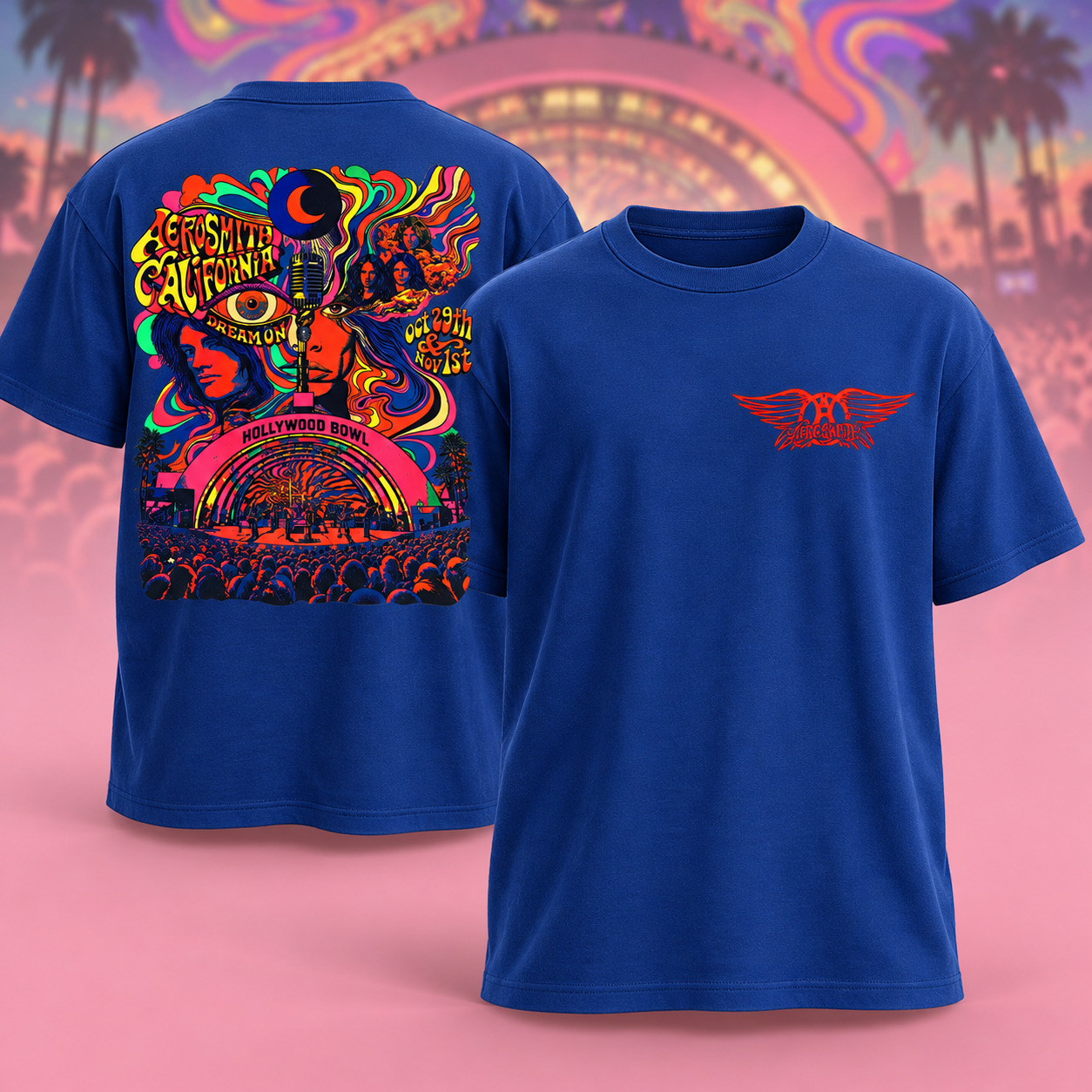 Aerosmith California Dream On Hollywood Bowl 2026 Merch Event Tee Oct 29 Nov 1 2026 Official Artwork Blue TShirt