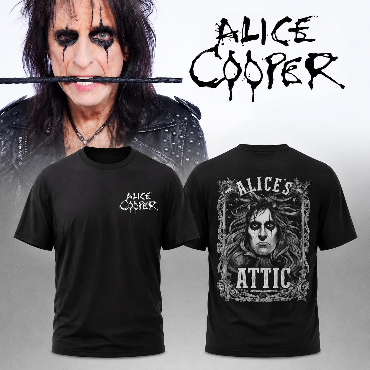 Alice Cooper Tour 2026 Attic Portrait Graphic T-Shirt Rock Music Band Merch Fan Apparel