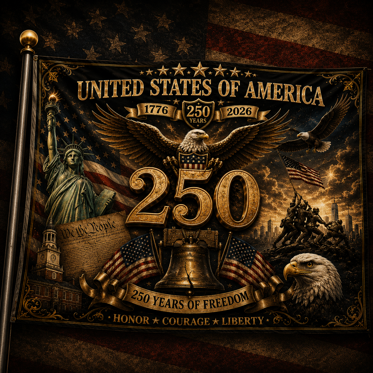 America 250 Years of Freedom Flag 1776 2026 Liberty Bell