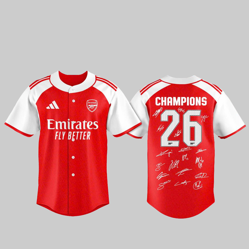 Arsenal Premier Champions Signature 2026 Baseball Jersey Football Fan Button-Up Shirt