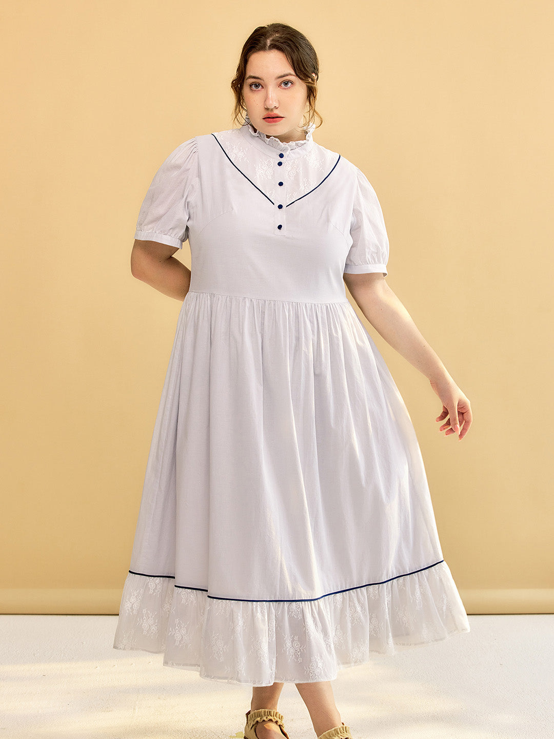 Ataraxia Pale Blue High Neck Lace Trim Short Sleeve Midi Dress Good Stylists
