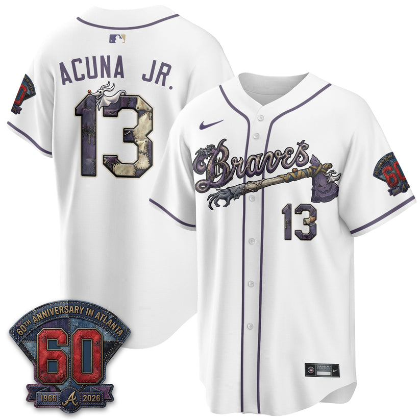 Atlanta Braves Ronald Acuna Jr 13 Halloween White Baseball Jersey Fanwear Edition 2 - Unicasport Atlanta Braves Ronald Acuna Jr 13 Halloween White Baseball Jersey Fanwear Edition