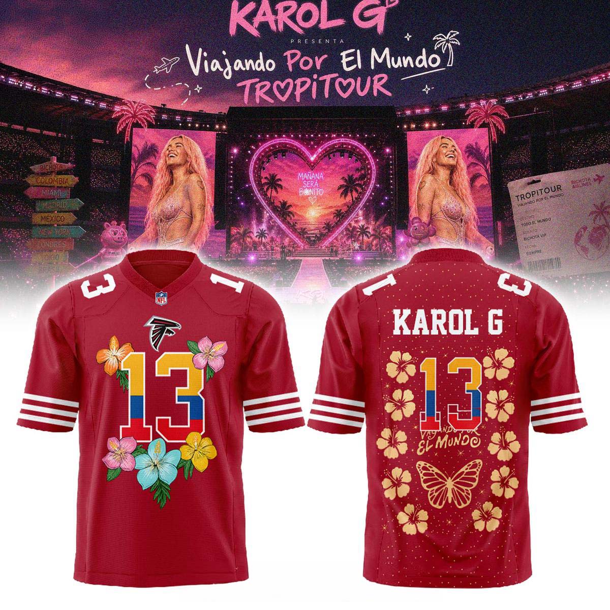 Atlanta Falcons Karol G TropiTour 2026 Football Jersey Music Sports Collection 1 - Unicasport Atlanta Falcons Karol G TropiTour 2026 Football Jersey Music Sports Collection