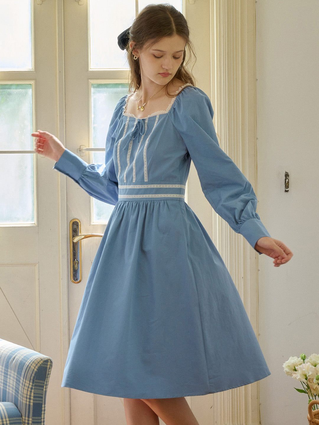 Azure Blue Cotton Lace Up Trim Puff Sleeve Good Stylists Gobbledygook A-line Dress