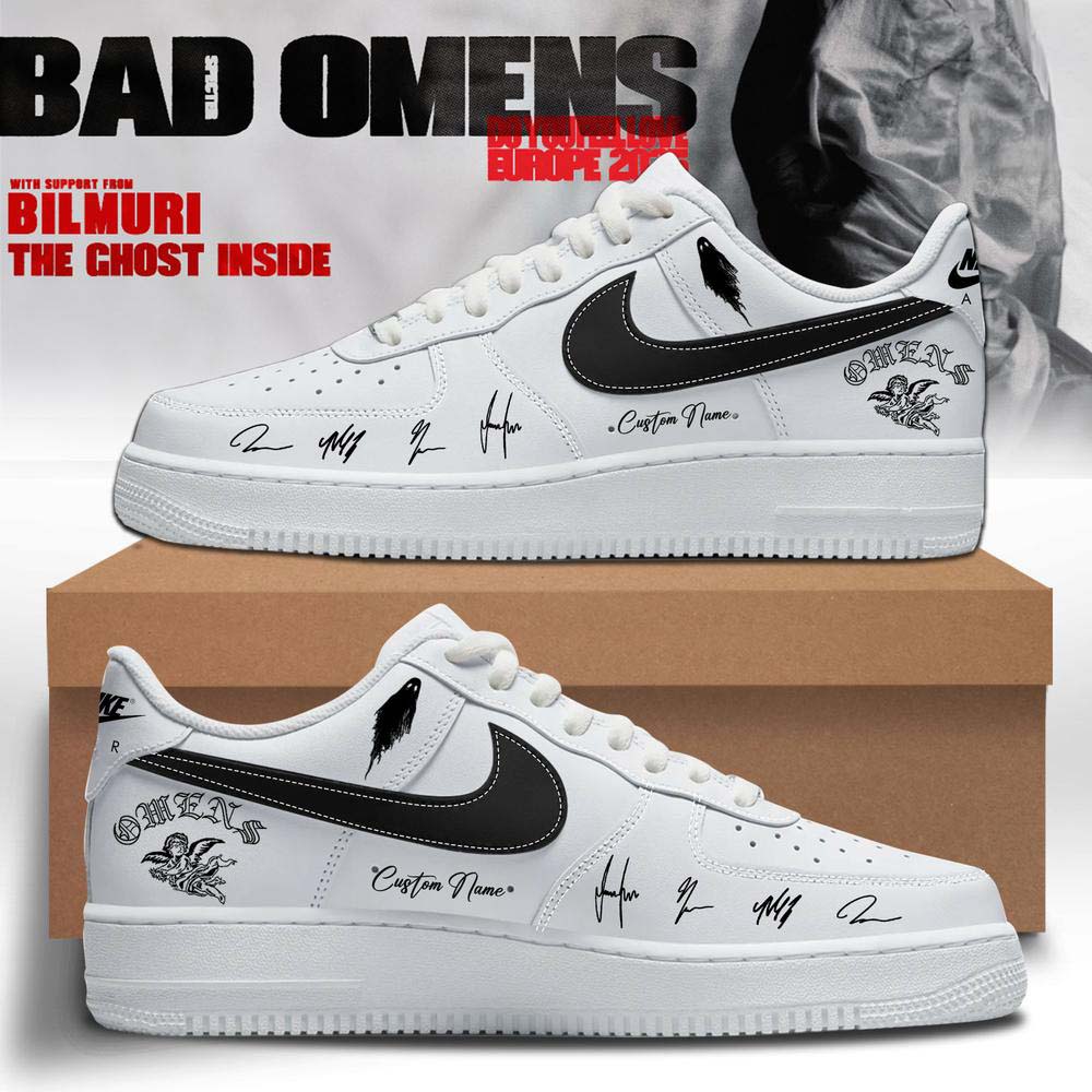 Bad Omens Do You Feel Love Tour White and Black Graphic Air Force 1 Sneakers - Best Gift for Fans