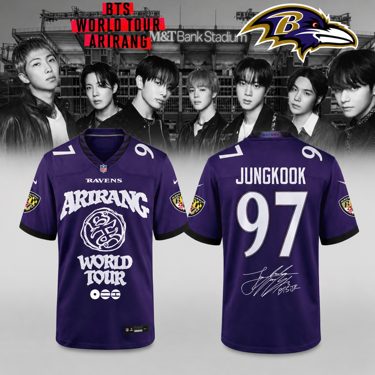 Baltimore Ravens x BTS JungKook World Tour Arirang 2026 Limited Edition Jersey 1 - Unicasport Baltimore Ravens x BTS JungKook World Tour Arirang 2026 Limited Edition Jersey