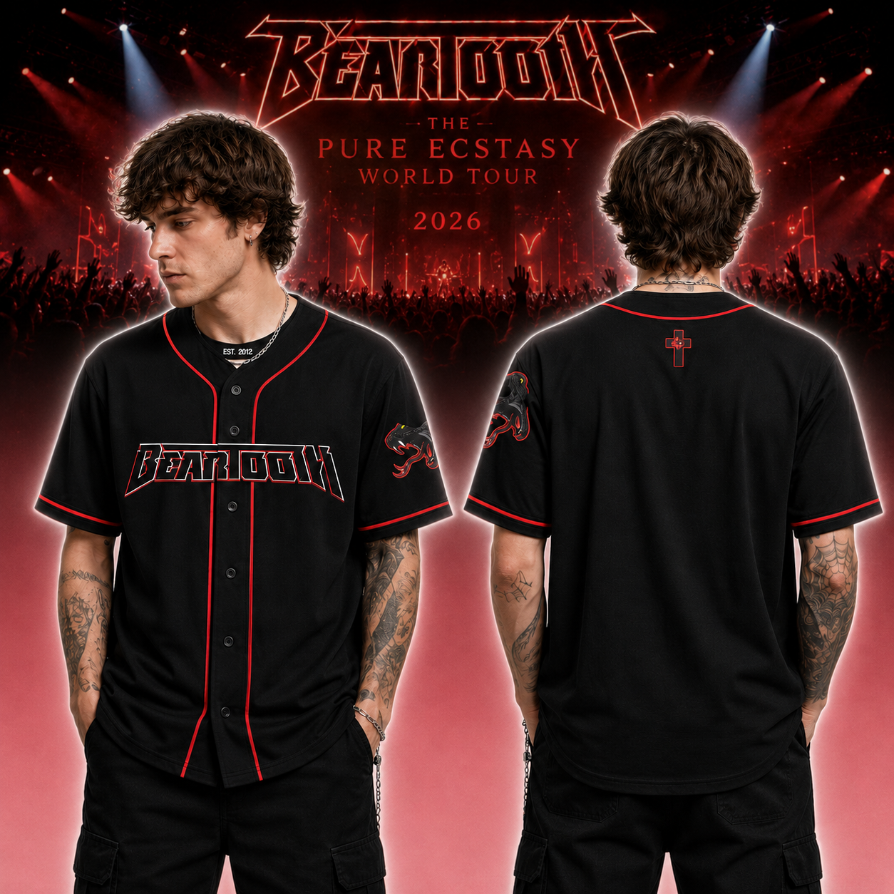 Beartooth Pure Ecstasy Tour 2026 Merch Logo BaseBall Jersey Apparel 1 - Unicasport Beartooth Pure Ecstasy Tour 2026 Merch Logo BaseBall Jersey Apparel