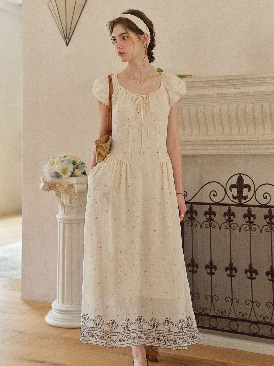Beige Cream Puff Sleeve Embroidered Hem Linen Maxi Dress Good Stylists Snollygoster