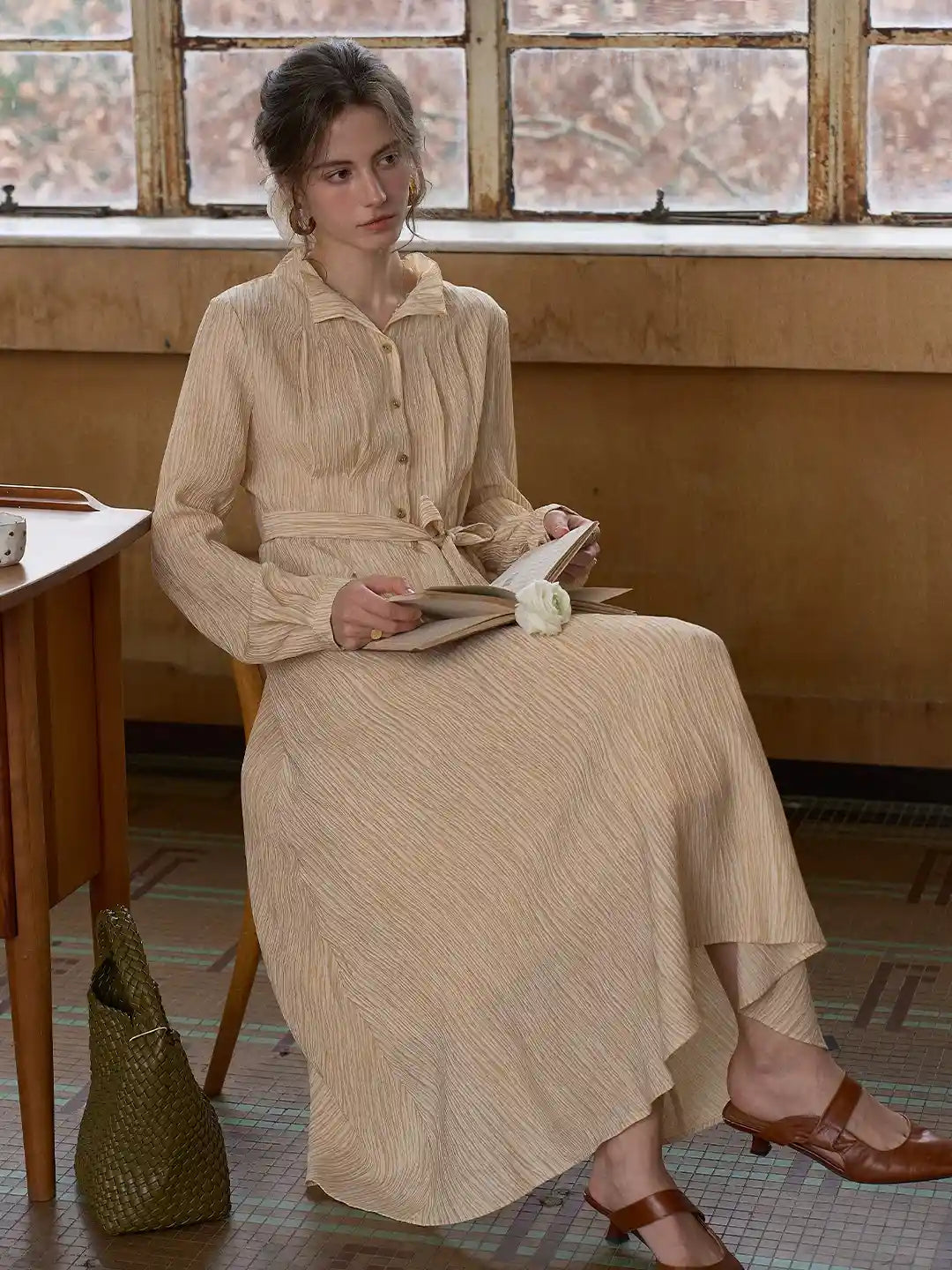 Beige Oat Absquatulate Waist Good Stylists Ruffle Collar Midi Dress