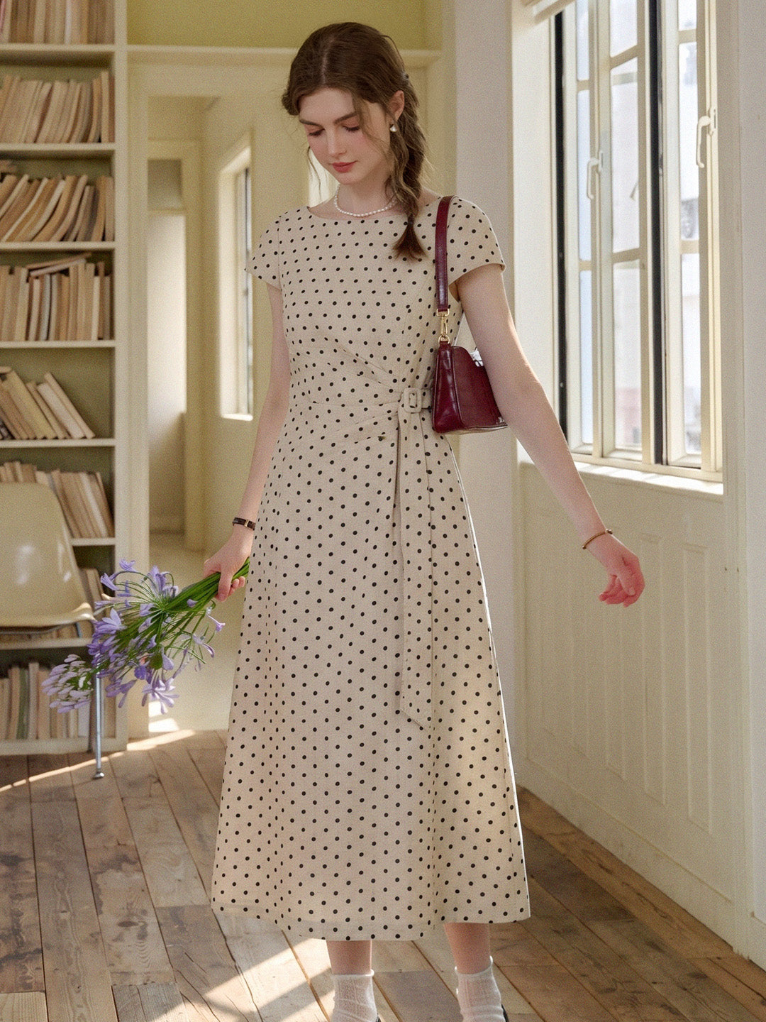 Beige Polka Dot Round Neck Short Sleeve Flowy Dress Good Stylists Syzygy