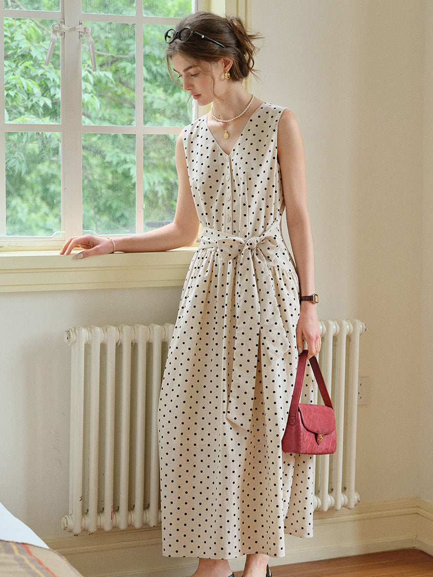 Beige V Neck Polka Dot Belted Sleeveless Maxi Dress Good Stylists Lollygag