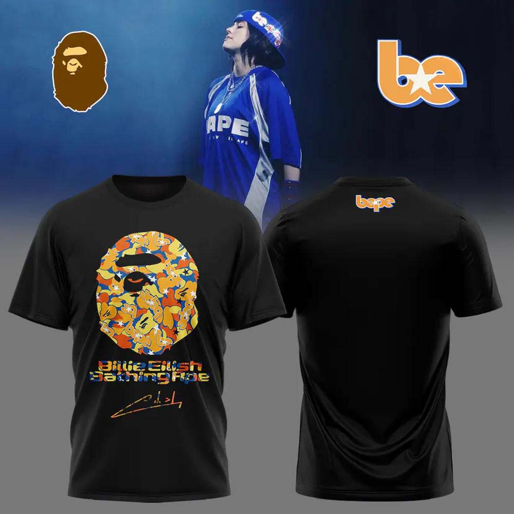 Billie Eilish x Bape 2026 Black Colorful Camo Ape Head Graphic T Shirt