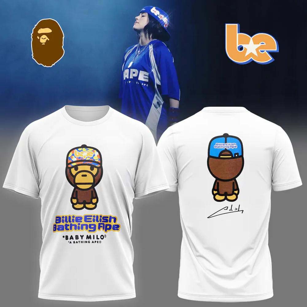 Billie Eilish x Bape 2026 White Baby Milo Cartoon Front Back Graphic T Shirt