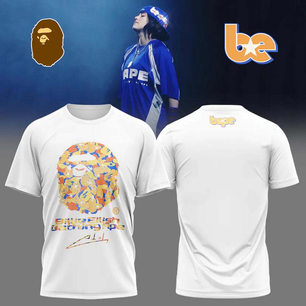 Billie Eilish x Bape 2026 White Multicolor Camo Ape Head Signature T Shirt