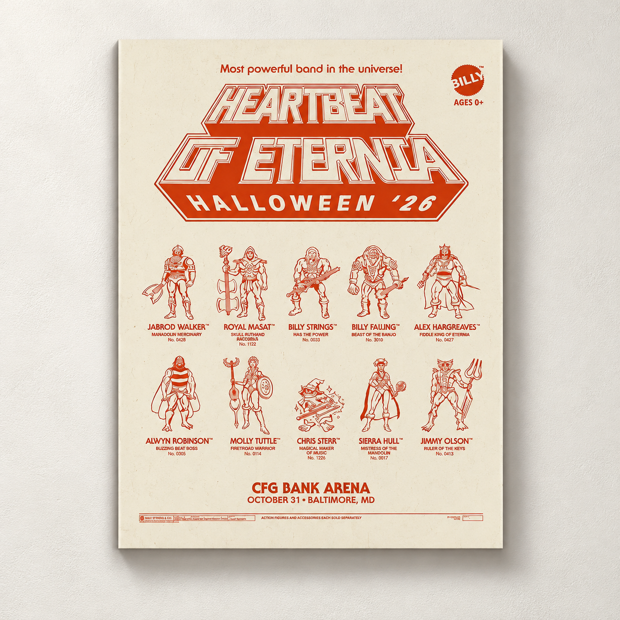 Billy Strings Heartbeat Of Eternia 2026 Halloween Characters Poster In Baltimore MD At CFG Bank Arena October 31 2026 Art By Logan Fox Poster Canvas