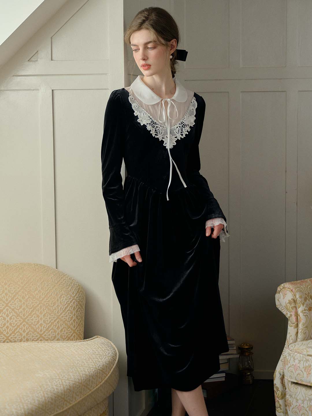 Black Velvet Vellichor Contrast White Lace Collar Long Sleeve Gown Good Stylists