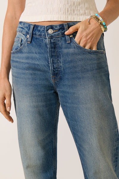 Teeyoulove washed mid-rise straight leg denim jeans in blue