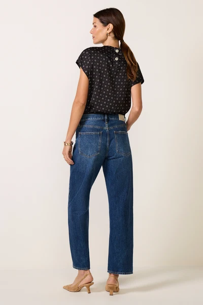 Blue Velora straight leg denim jeans styled for everyday wear