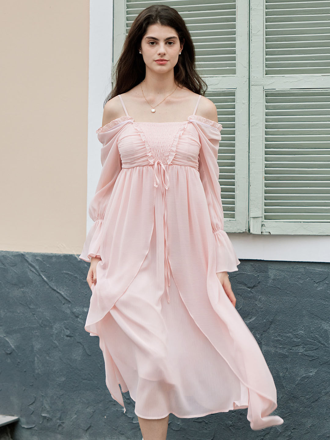 Blush Pink Good Stylists Kerfuffle Off-Shoulder Pleated Chiffon Maxi Gown