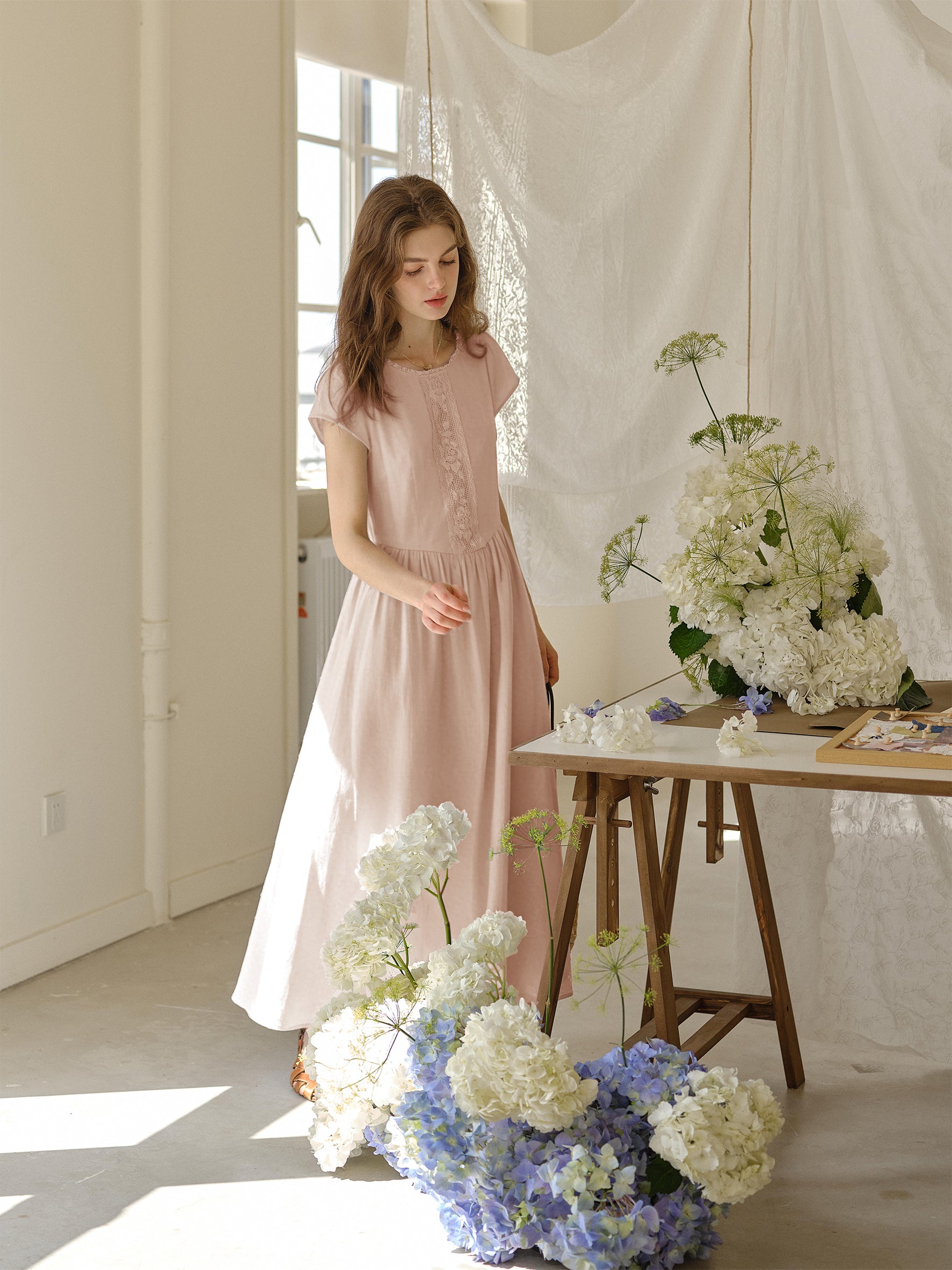Blush Pink Round Neck Short Sleeve Lace Trim Cotton Maxi Dress Good Stylists Vellichor