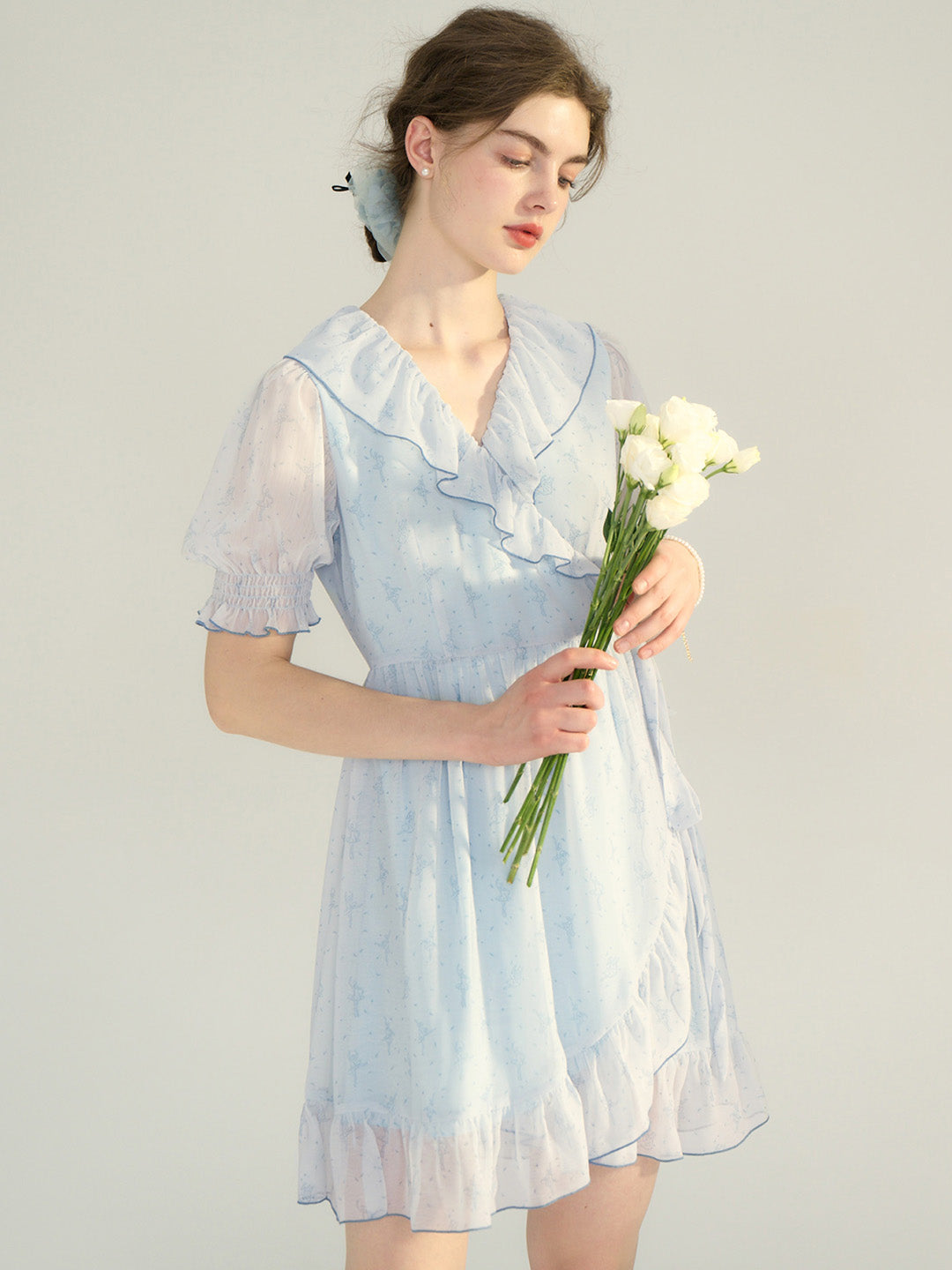 Boffo Light Blue Puff Sleeve Ruffle Hem Mini Dress Made by Good Stylists