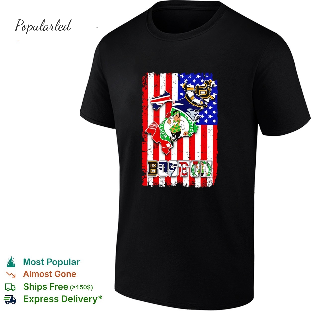 Boston Celtics Boston Bruins and New England Patriots logos print on American flag shirt