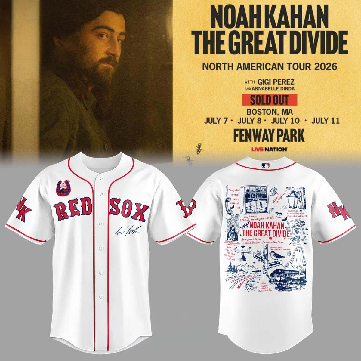 Noah Kahan Boston Red Sox The Great Divide Tour 2026 Fenway Park Baseball Jersey - Best Gift for Fans