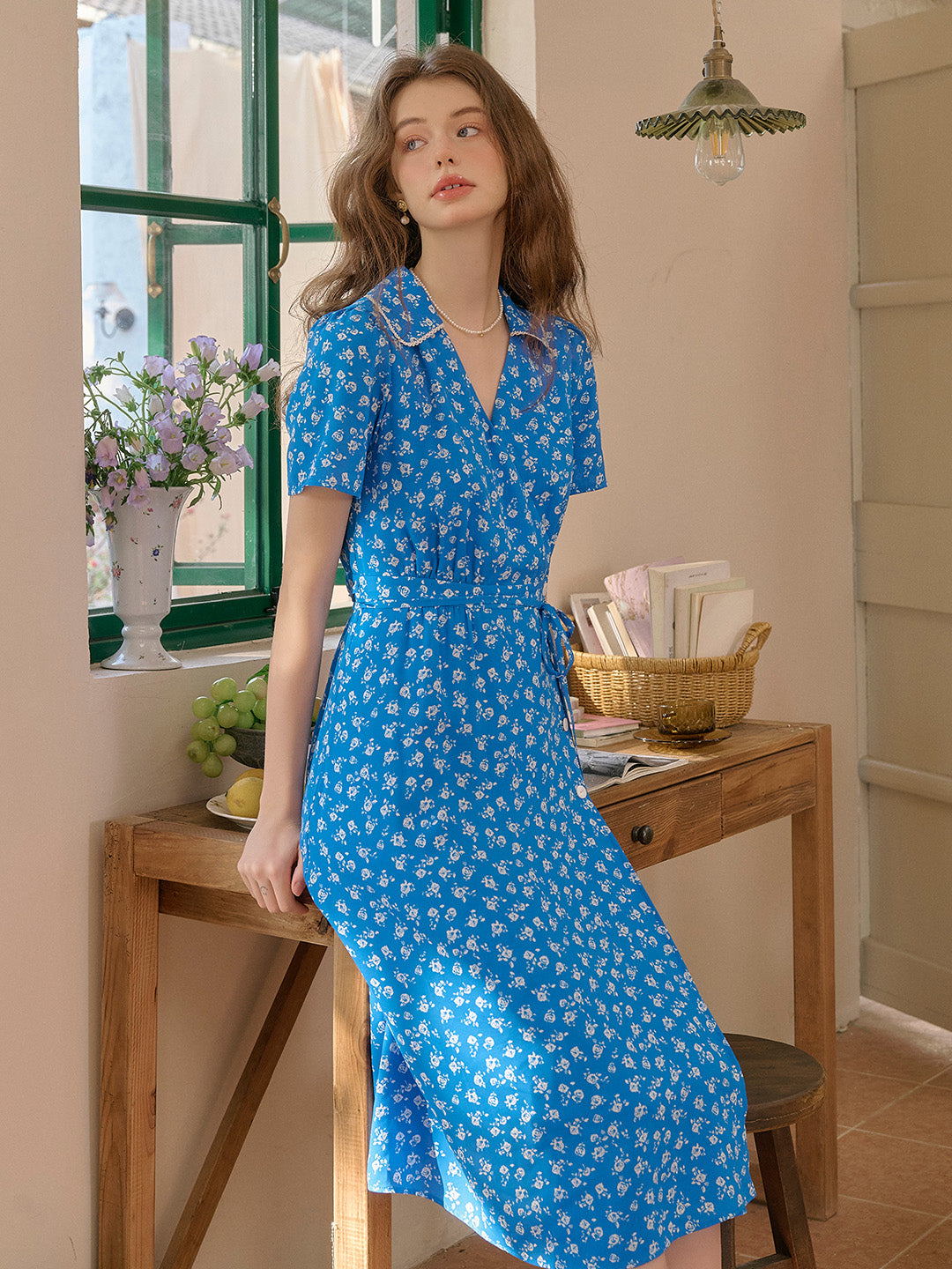 Bright Blue White Floral Wrap V-Neck Short Sleeve Tea Midi Good Stylists Labyrinth