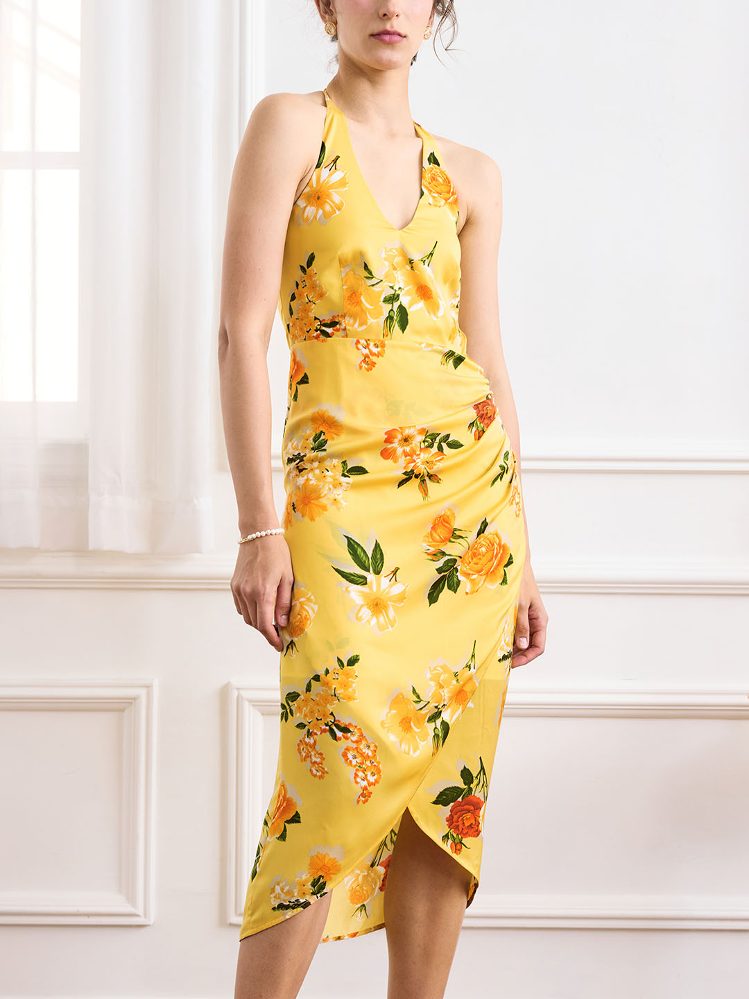 Bright Yellow Floral Halter Neck Wrap Asymmetric Dress Good Stylists Vellichor