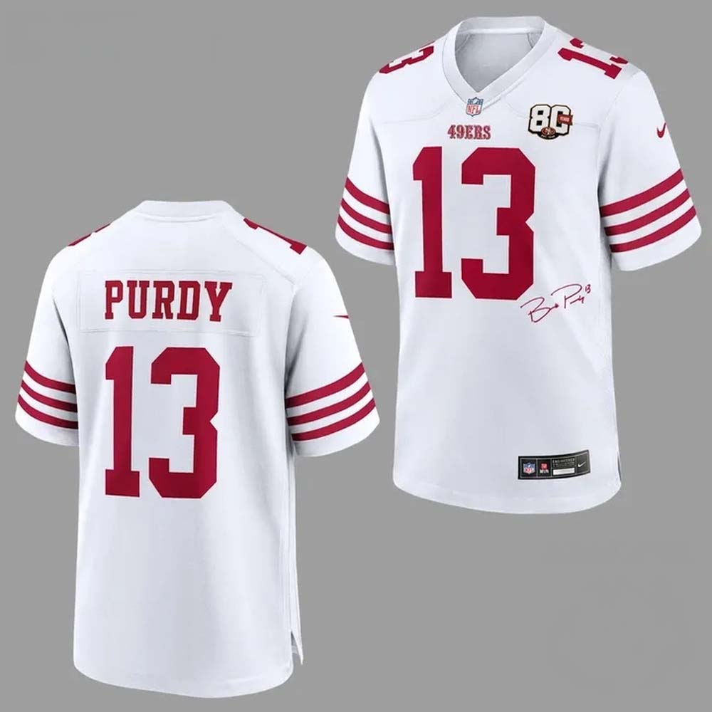 Signatures Print Football Jersey Brock Purdy San Francisco 49ers 80th Anniversary Team Spirit 1 - Unicasport Signatures Print Football Jersey Brock Purdy San Francisco 49ers 80th Anniversary Team Spirit