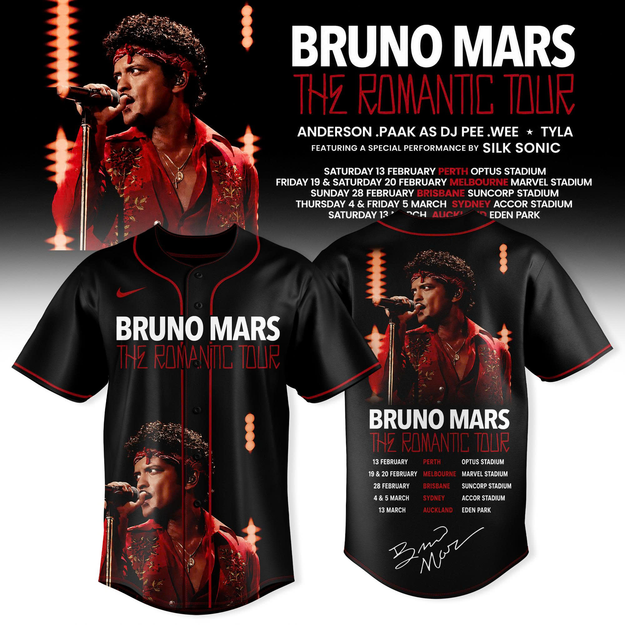 Bruno Mars The Romantic Tour Australia New Zealand 2027 Live Performance Black Baseball Jersey 2 - Unicasport Bruno Mars The Romantic Tour Australia New Zealand 2027 Live Performance Black Baseball Jersey
