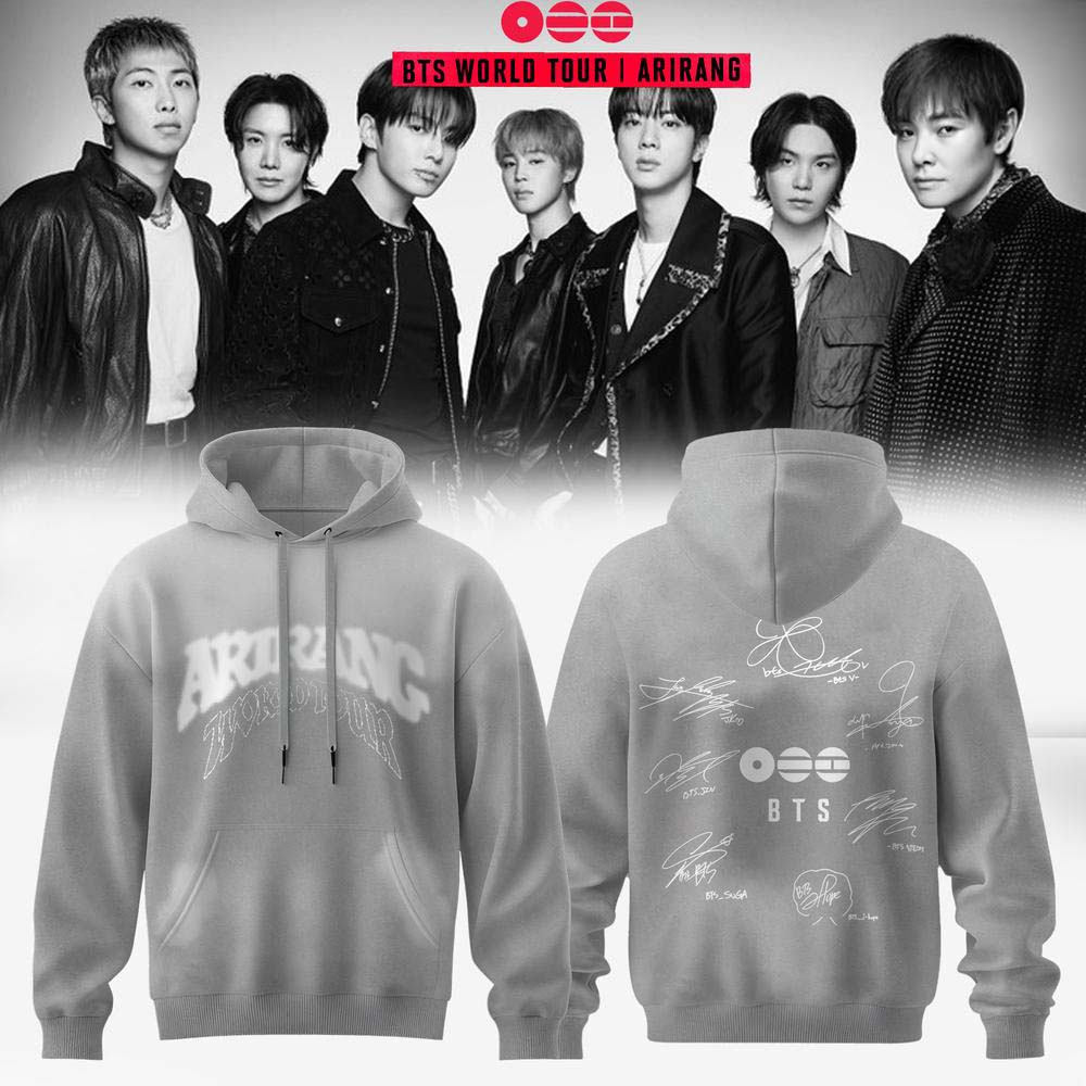 BTS World Tour Arirang 2026 Light Gray Graphic Hoodie - Gift for Kpop Fans
