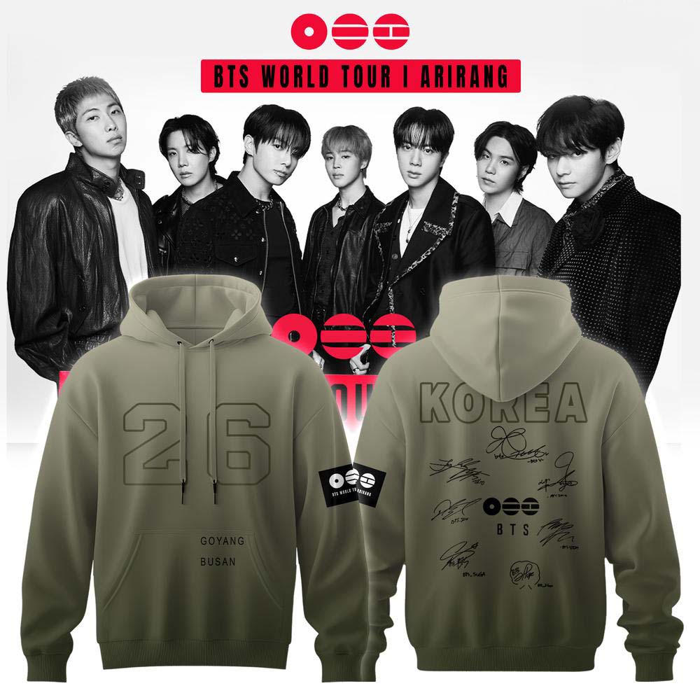 BTS World Tour Arirang 2026 Olive Green Graphic Hoodie - Premium Fan Gift Idea