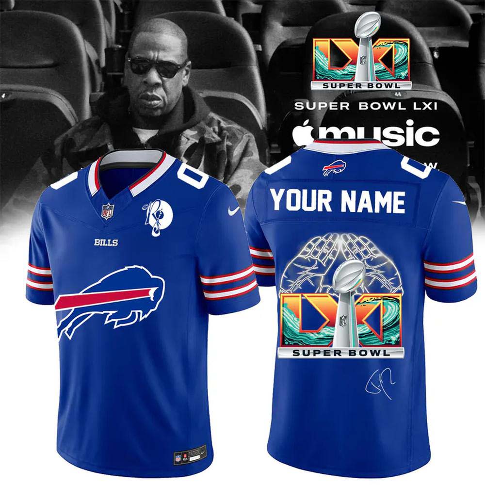 Buffalo Bills Jay Z Super Bowl LXI 2027 Blue Personalized Trophy Football Jersey
